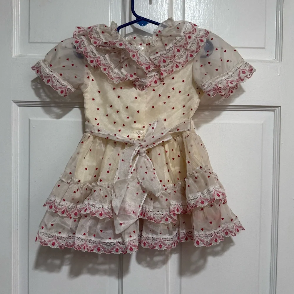Vintage 3T Ruffle Hearts Girls Dress 1980s 1990s Lace Red Cream Layers - Picture 2 of 3